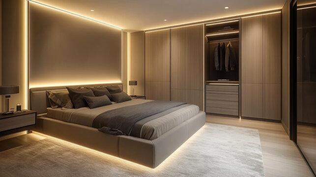Contemporary bedroom with built-in wardrobe and LED lighting