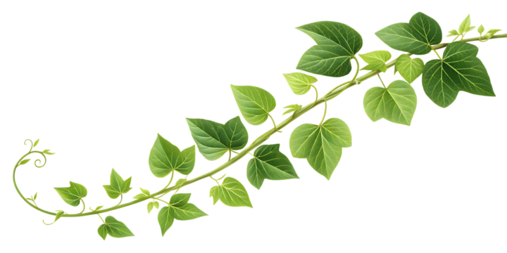 A single green vine with many leaves and tendrils curving gracefully across a black background isolated on transparent background