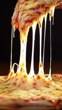 Cheese-loaded pizza slice with golden crust lifted close-up