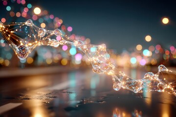 Abstract representation of molecular structures illuminated against a vibrant bokeh background, highlighting the fusion of technology and nature in a futuristic cityscape.