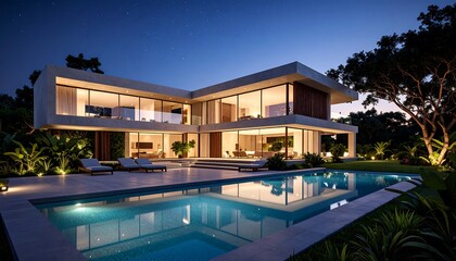 Obraz premium Modern luxury home evening exterior view