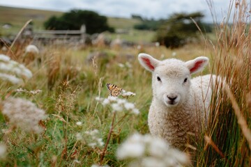 Obraz premium Adorable Lamb with Soft Wool and Butterfly in Meadow Surrounded by Wildflowers Under a Cloudy Sky in a Picturesque Countryside Setting