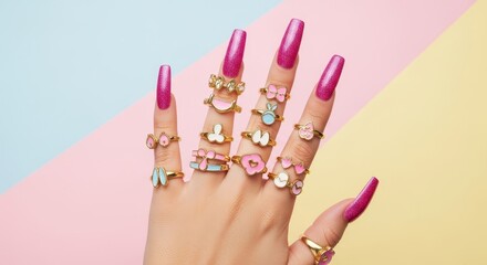 Woman's hand with long pink nails and multiple cute rings on a colorful pastel background