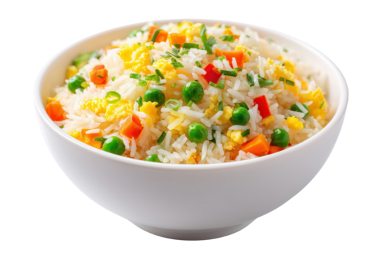 White bowl filled with white rice mixed with scrambled egg peas and carrots isolated on a transparent background - Powered by Adobe