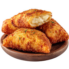 Delicious fried ravioli appetizer with cheese filling on wooden plate isolated on transprint background