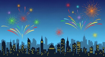 Colorful fireworks burst over a silhouetted cityscape at night, creating a festive celebration atmosphere, ideal for New Year's Eve promotions, national holidays, or event announcements, showcasing a 