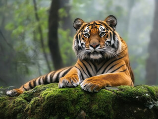 Obraz premium Tiger resting on mossy rock amid misty trees