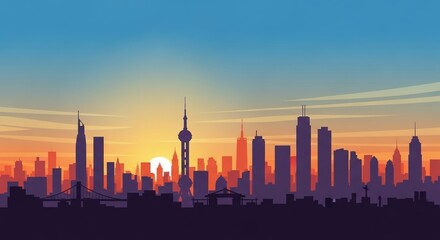 Obraz premium Vibrant vector illustration of a city skyline silhouette at sunset, capturing urban life and modern architecture, ideal for use in web banners and business presentations.