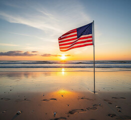 Fototapeta premium flag on the beach at sunset