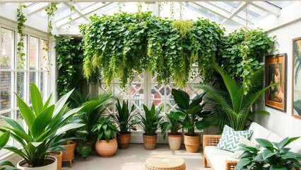 Cozy Indoor Garden Lounge with Hanging Plants
