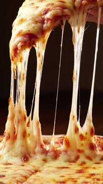 Extreme close-up hot cheesy pizza slice with melting mozzarella