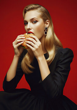 Unhealthy eating. Junk food concept. Portrait of fashionable young woman in black dress holding burger and posing over red background. Perfect long hair, skin, make-up, manicure. Studio shot