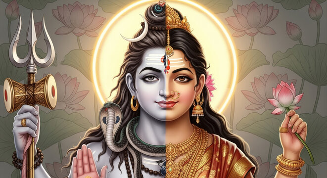 Ardhanarishvara Shiva and Parvati Composite Form Representing the Union of Masculine and Feminine Energies A Symbolic Depiction of Duality and Harmony