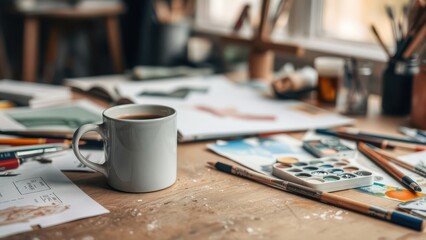 Coffee mug on messy artist's workspace
