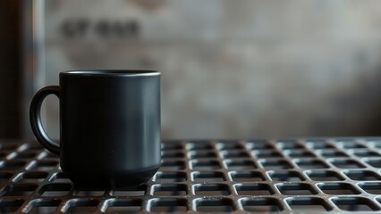Black coffee mug on industrial metal table
