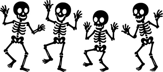 Four stylized skeletons are depicted in a playful, dancing pose.