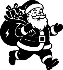 A stylized, black and white illustration of Santa Claus running with a large gift bag that has a lightning bolt design.