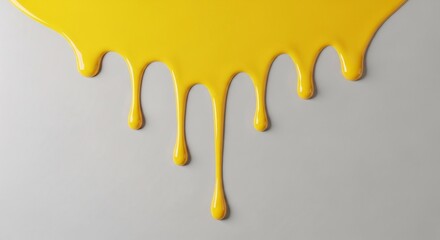 Vibrant yellow liquid drips beautifully down a clean grey background, creating a modern abstract art piece.