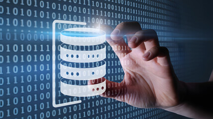 Hand interacting with digital data stream, representing technology and information flow