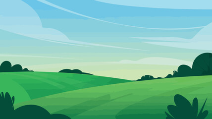 Fototapeta premium Cartoon landscape with rolling green hills, bushes and a cloudy sky