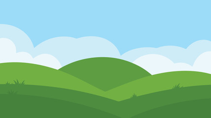 Obraz premium Cartoon landscape of green hills with grass and clouds under a blue sky