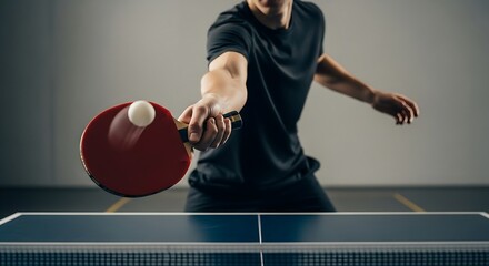 Player serving ping pong ball in minimalist indoor court, low angle, sharp focus on paddle and ball, no visible face