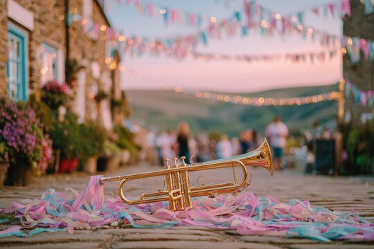 Beautiful golden trumpet resting on colorful ribbons in a charming village setting adorned with festive bunting and soft evening light at sunset. - Powered by Adobe