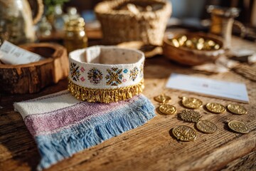 Beautiful handmade bracelet with intricate beadwork displayed on a colorful textile backdrop, surrounded by decorative items and golden coins in a cozy artisan setting