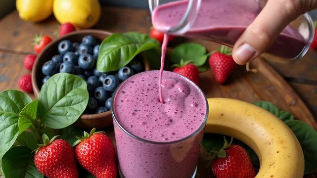 Vibrant berry smoothie pouring into glass surrounded by fresh strawberries blueberries banana and lemons a healthy lifestyle choice