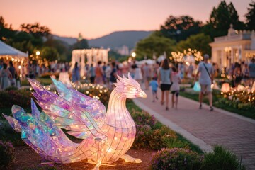 Beautiful illuminated phoenix sculpture glowing in the twilight, surrounded by visitors enjoying a vibrant outdoor festival with fairy lights and charming decorations in the background.