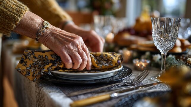 Elderly Hands Setting Table with Napkin and Plates. - Powered by Adobe