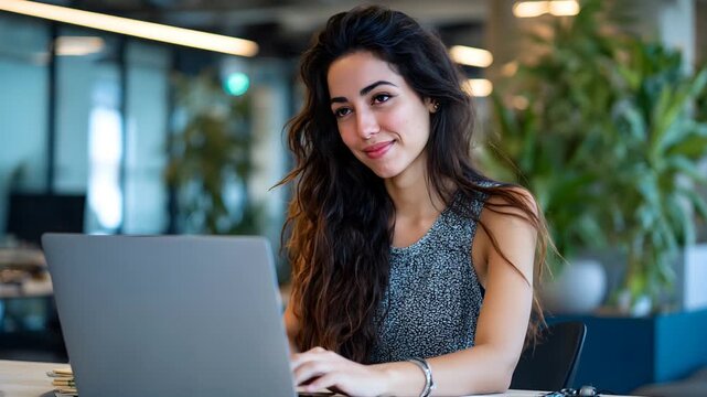 Woman working on laptop in modern office