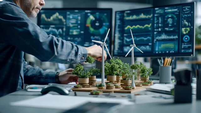 Engineer analyzing renewable energy data with eco park model - Powered by Adobe