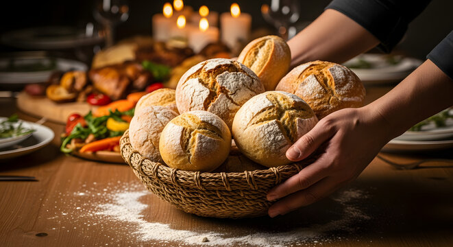 Hands holding a bread basket near a table with food and candles. Suitable for bakery or restaurant promotions and dinnerthemed designs. - Powered by Adobe