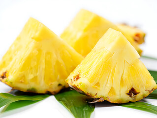 Bright yellow pineapple slices arranged on green leaves in a clean white studio setting.