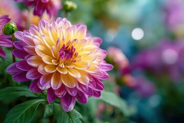 Fototapeta premium Beautiful Pink and Yellow Chrysanthemum Flower Blooming in a Vibrant Garden with Soft Focus Background Creating a Colorful and Cheerful Atmosphere