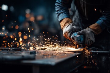 Industrial worker grinding metal with sparks flying