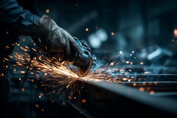 Industrial worker grinding metal with sparks flying