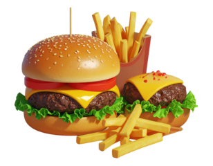 Delicious 3D render of a classic cheeseburger, a slider and fries isolated on a black background; perfect for fast food restaurants or promotional materials.