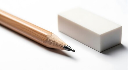 Fototapeta premium A sharpened wooden pencil lies next to a clean white rectangular eraser on a plain white background, suggesting preparation for writing or drawing.