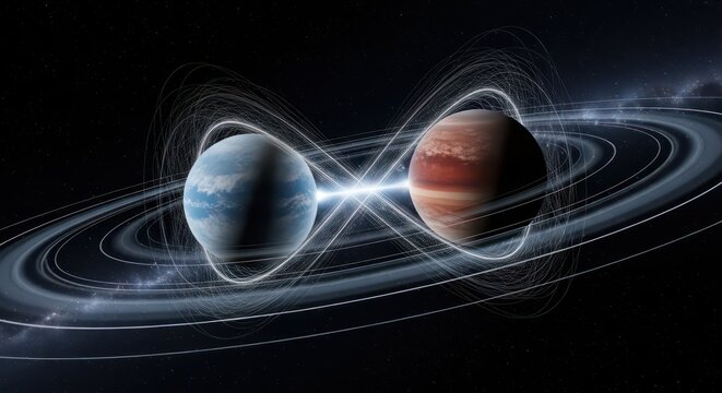 Celestial Symbiosis: Two Worlds Bound by Luminous Energy Fields