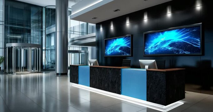Sleek Reception with Digital Art Screens