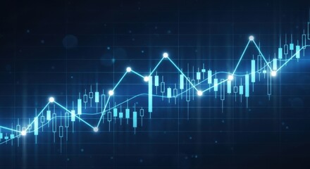 Glowing blue candlestick chart illustrates upward financial market trend