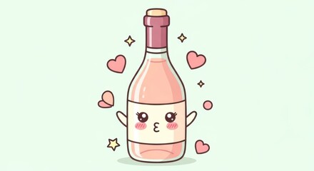 Charming Kawaii Ros? Wine Bottle Character with Blushing Cheeks and Floating Hearts