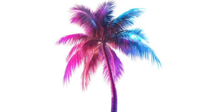 Neon palm tree glowing tropical light sign summer beach decoration isolated on white background