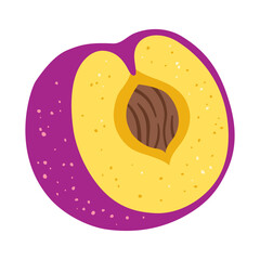 Plum cartoon trendy vector illustration. Ripe half plum abstract childish hand drawn textured juicy purple fruit. Simple stylized plum art for kids, sticker, card, poster, cover