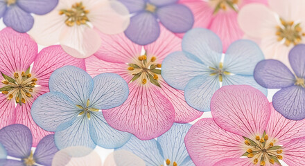 Naklejka premium Colorful pressed flowers with translucent petals showing delicate veins.
