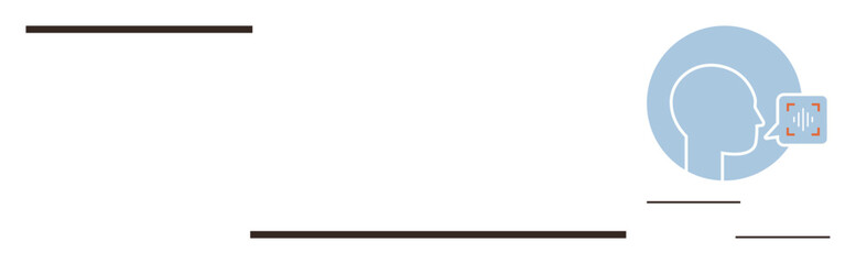 Simplified side profile of a human head with sound waves displayed in a graphical badge. Ideal for communication, tech, AI, accessibility, sound, voice assistant, learning. Simple flat metaphor