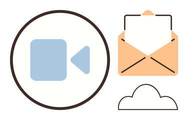 Camera icon within a circle, an open envelope with a letter, and a cloud. Ideal for video communication, email, data sharing, cloud storage, remote work, digital connection and technology concepts