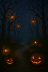 Fototapeta premium Twilight Forest Path with Glowing Lanterns, Pumpkins, and Halloween Fog